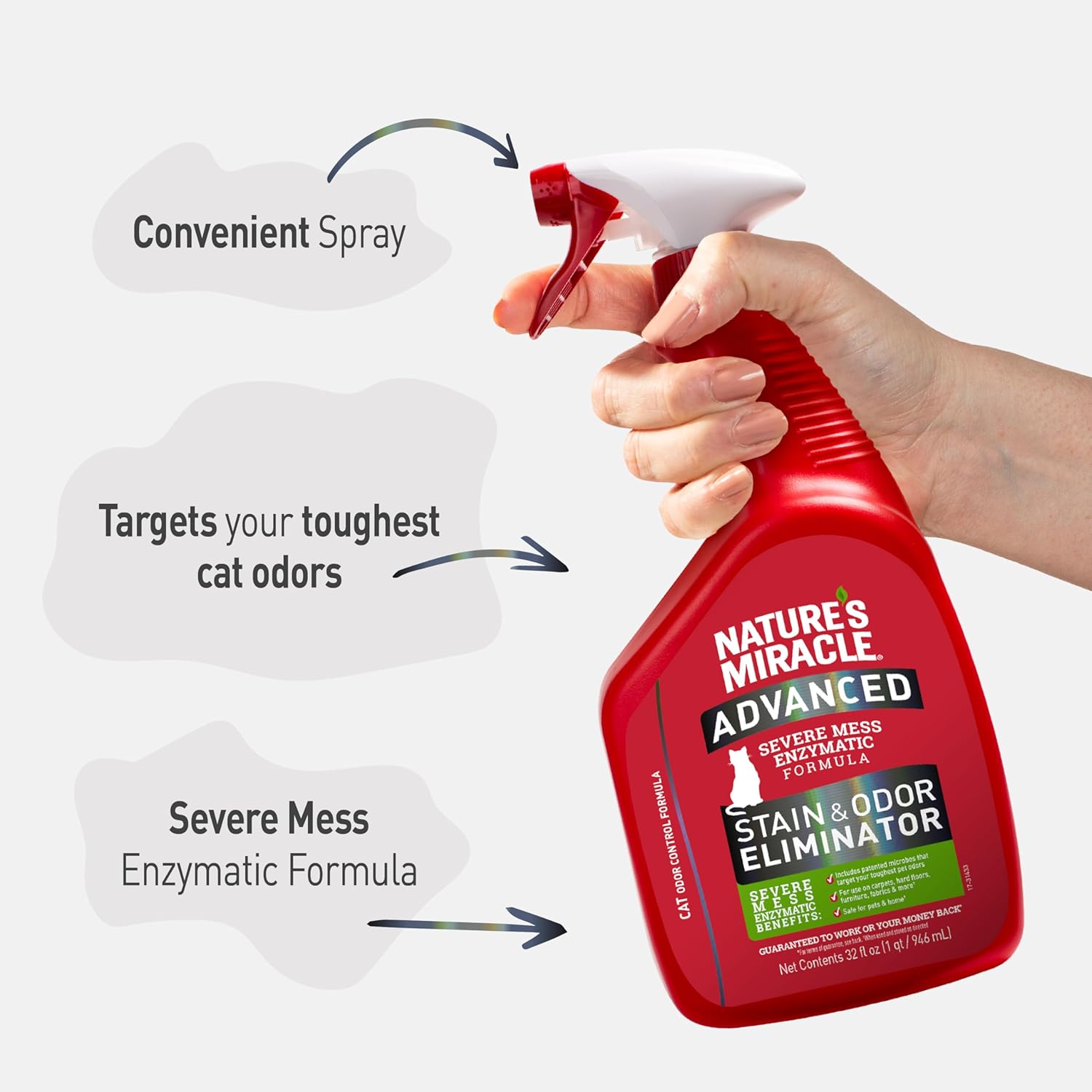 Pet stain and odor remover bottle by Nature's Miracle for tough cat messes.