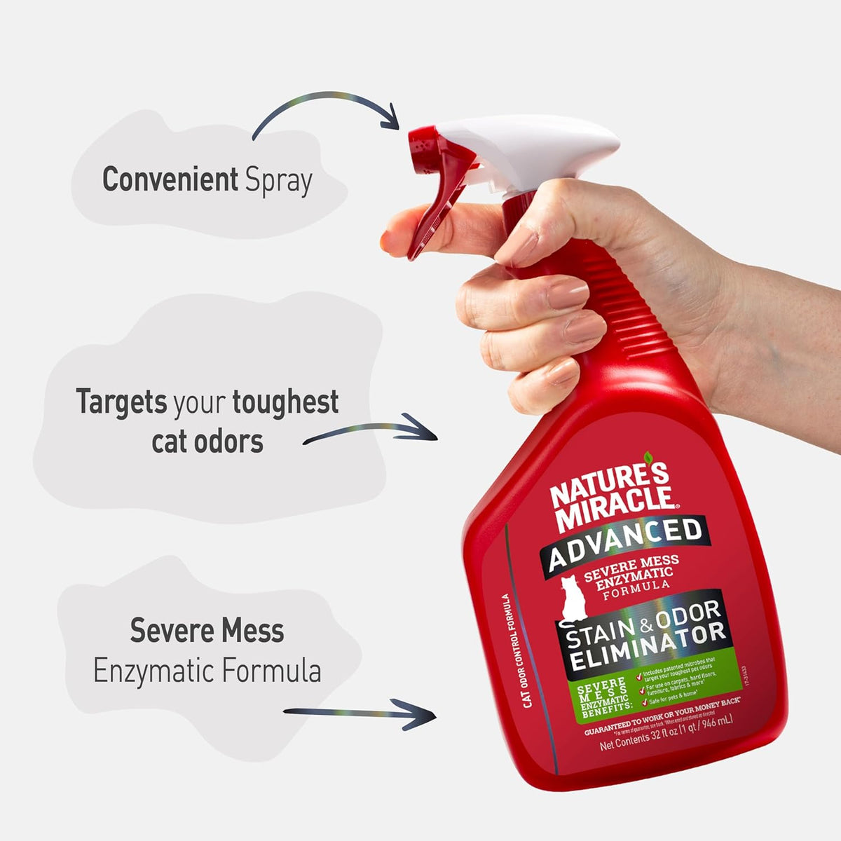 Nature's Miracle pet cleaner next to living room sofa