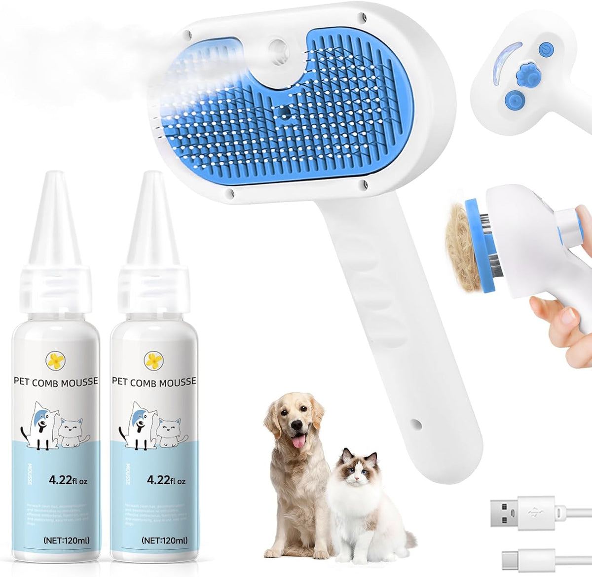 Pet Steam Brush for Dog & Cat - 3-in-1 Steam Grooming Brush for Shedding & Hair Removal - Self Cleaning Spray Comb with Mist for Long Haired Pets - Includes 1*Waterless Shampoo, Blue. - Image 15