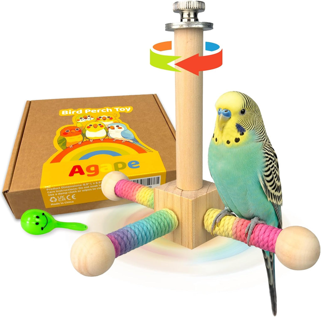 Agape rotating interactive parrot toy front view with wooden perches