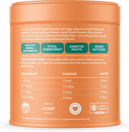 Veterinarian formulated fiber-rich pumpkin powder for dog gut health