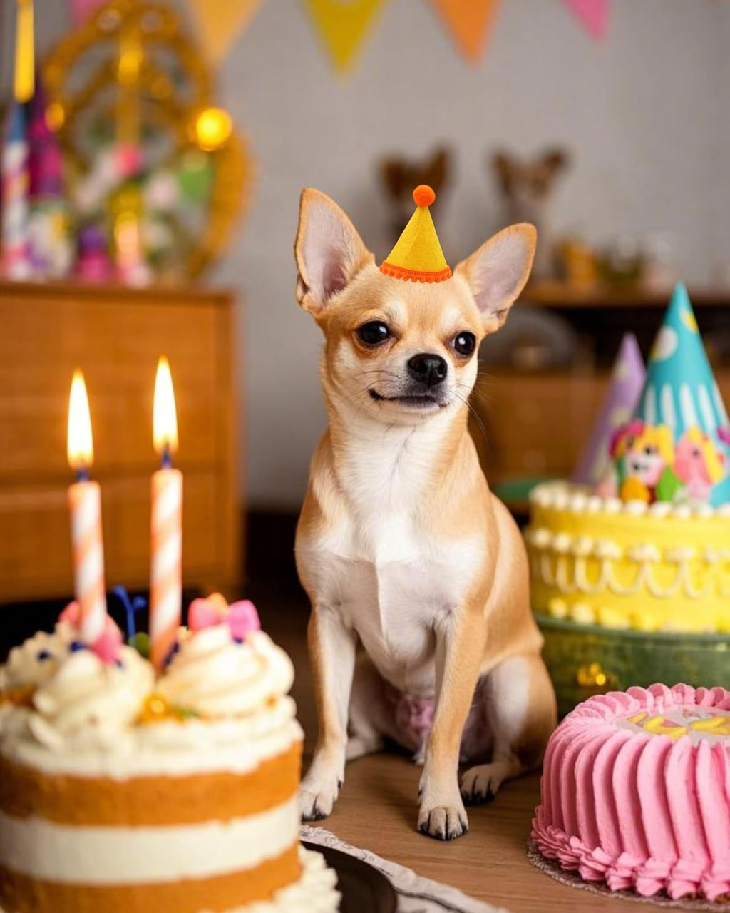Top view of assorted color mini party hats for pets