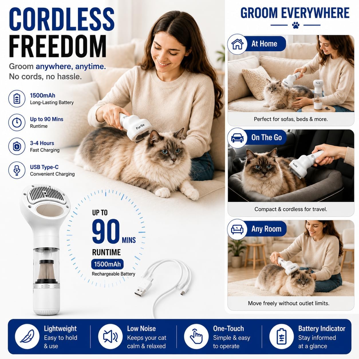 FurSo Cat Grooming Vacuum Kit, 5-in-1 Cordless Pet Grooming Vacuum for Cats & Dogs, 6000PA Pet Hair Vacuum, Low-Noise Deshedding Brush, 3-Speed LCD, Hair Remover, Type-C Charge - Image 9