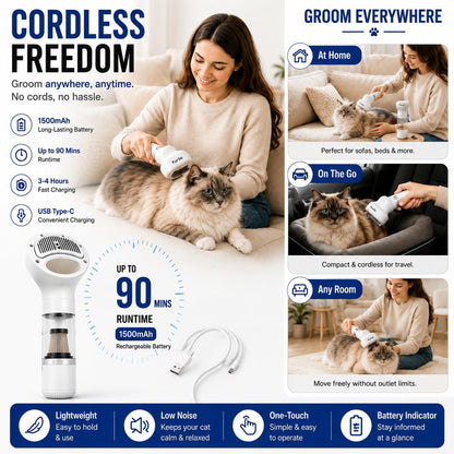 FurSo Cat Grooming Vacuum Kit, 5-in-1 Cordless Pet Grooming Vacuum for Cats & Dogs, 6000PA Pet Hair Vacuum, Low-Noise Deshedding Brush, 3-Speed LCD, Hair Remover, Type-C Charge - Image 9