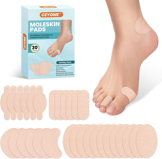 Ceyome Moleskin Adhesive Pads 30 count variety pack front view for blister prevention.