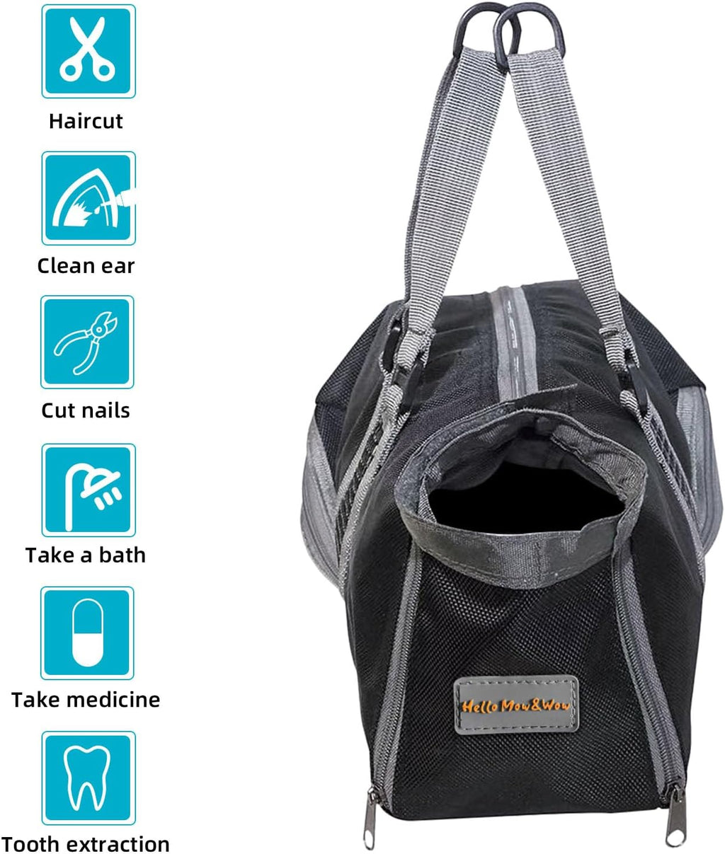 Medium size black cat grooming bag laid flat for use