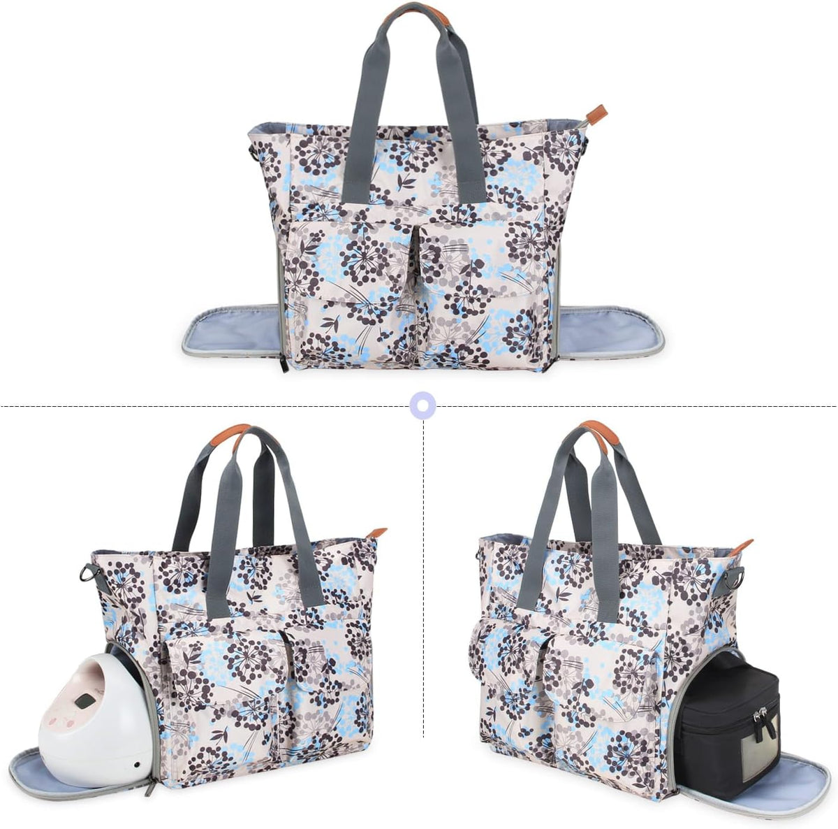 Teamoy breast pump bag front view in dandelion print showing the stylish everyday tote design.