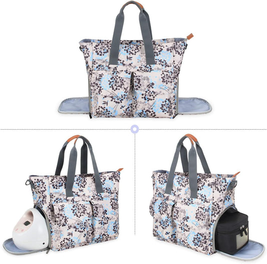 Teamoy breast pump bag front view in dandelion print showing the stylish everyday tote design.