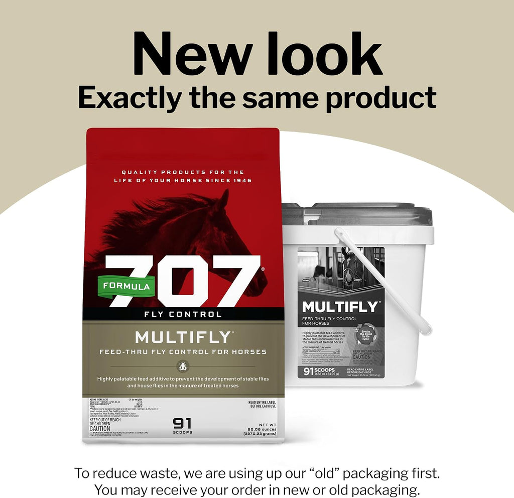 Formula 707 horse fly control supplement bag showing ingredients list