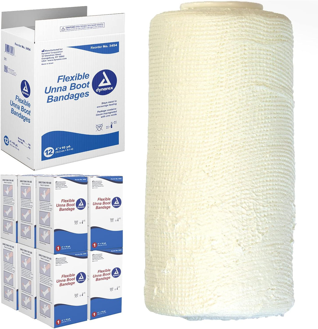 Dynarex Unna Boot Bandage front view of individually packaged box for leg ulcer compression therapy.