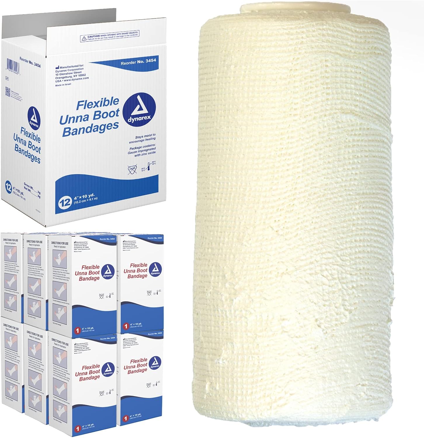 Dynarex Unna Boot Bandage front view of individually packaged box for leg ulcer compression therapy.
