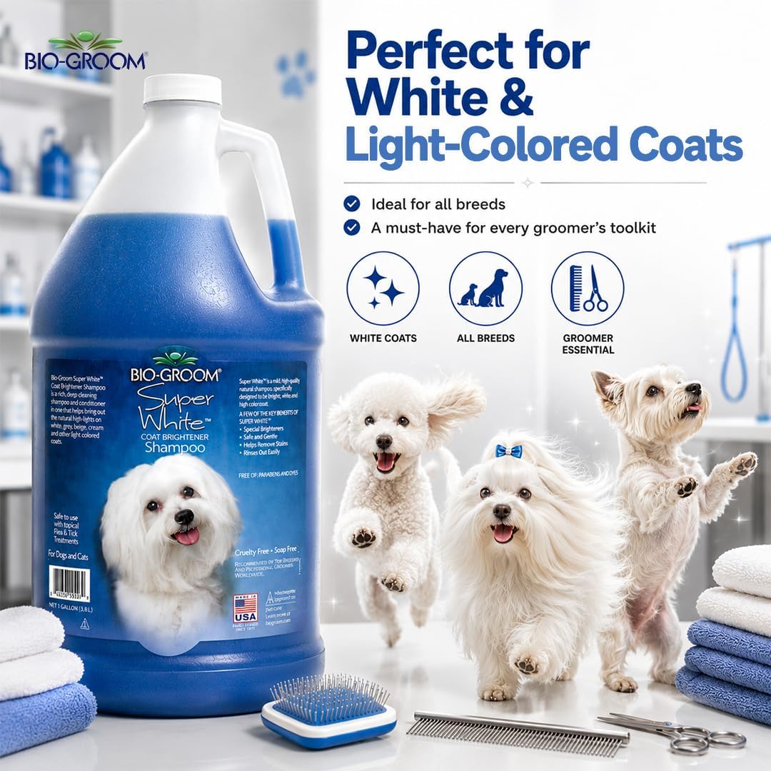 Bio-Groom Super White Shampoo bottle next to professional grooming tools
