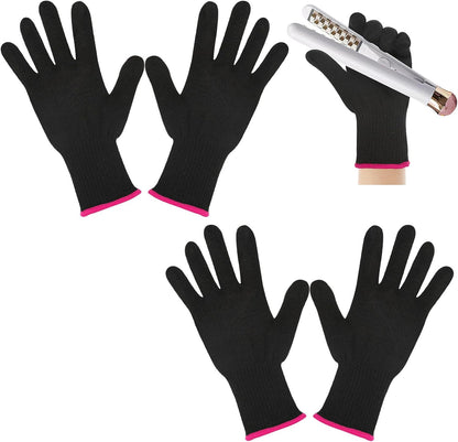 Lessmon heat resistant hair styling gloves front view showing black fabric and pink edge.