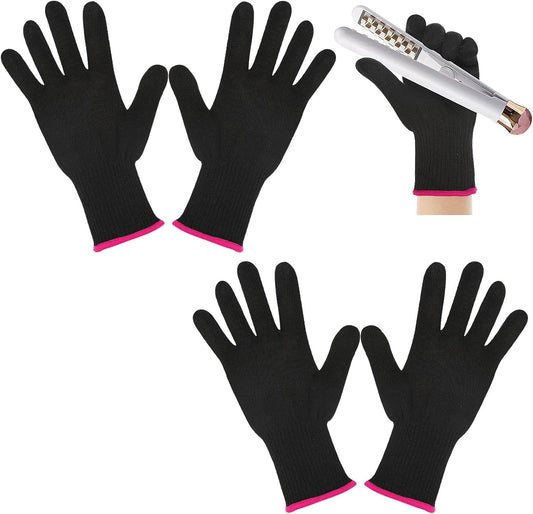 Lessmon heat resistant hair styling gloves front view showing black fabric and pink edge.