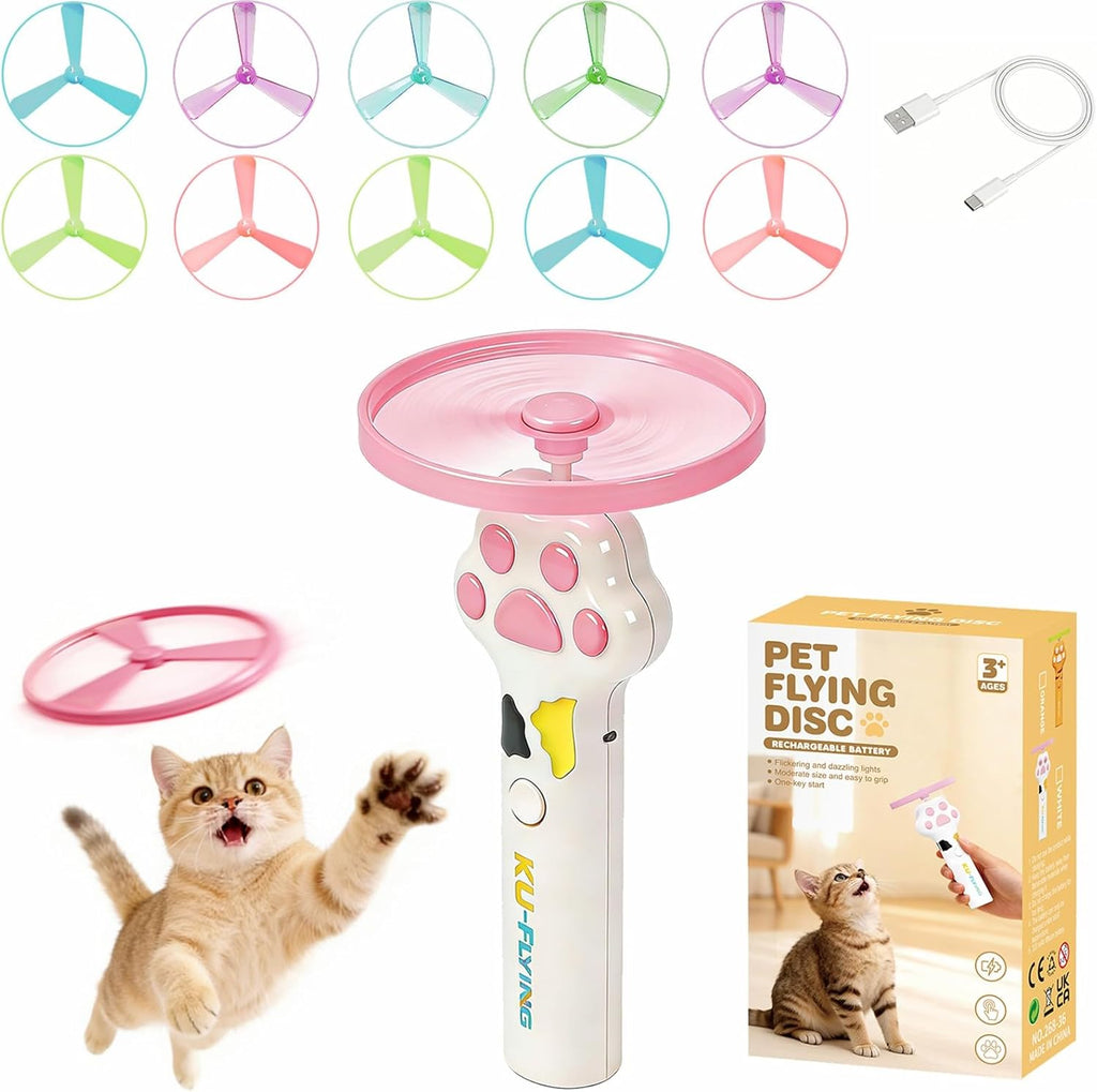 Ku Flying cat fetch toy launcher front view showing paw design and colorful discs