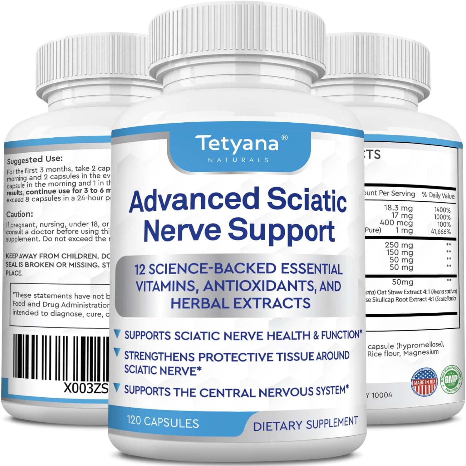 Tetyana Naturals Advanced Sciatic Nerve Support 120 capsules front view bottle for premium nerve health care
