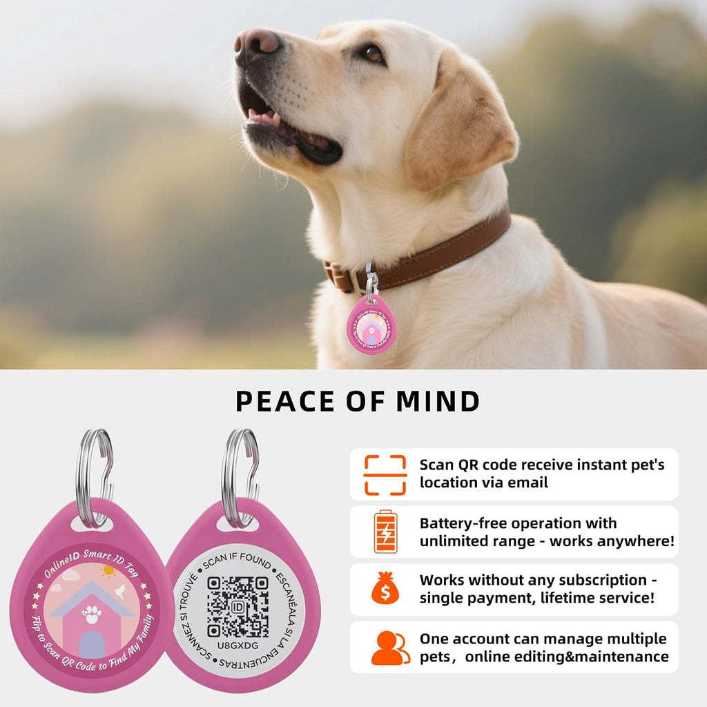 QRTAGLAB tracking alternative pet collar accessory in pink size large highlighting the weather resistant shell.