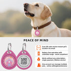 QRTAGLAB tracking alternative pet collar accessory in pink size large highlighting the weather resistant shell.