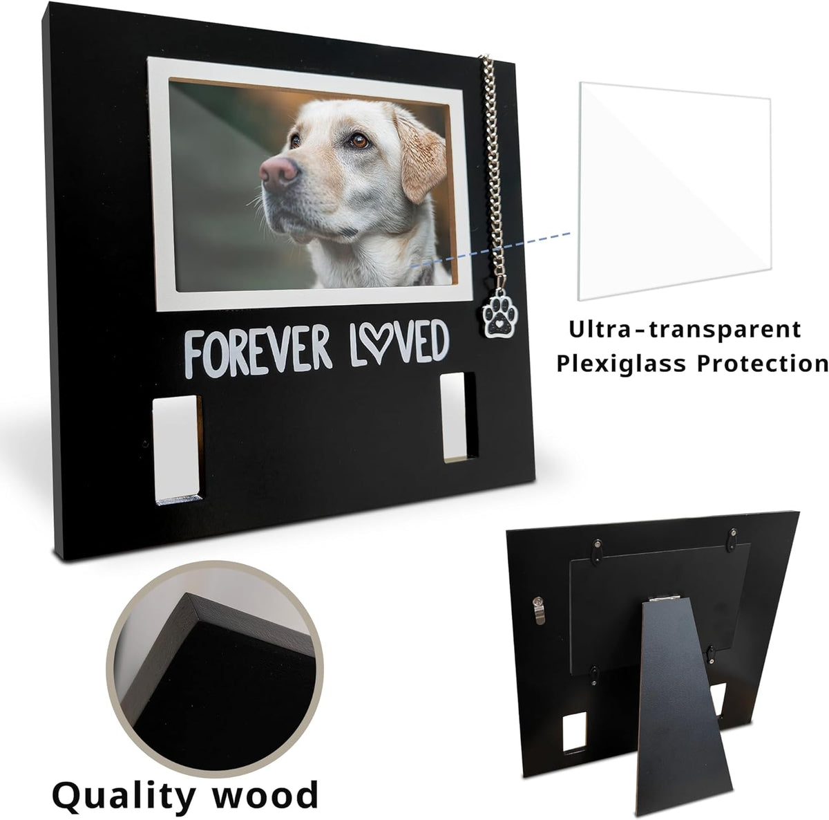 MYPAWLETS pet picture frame memorial angled view showing sturdy tabletop stand setup