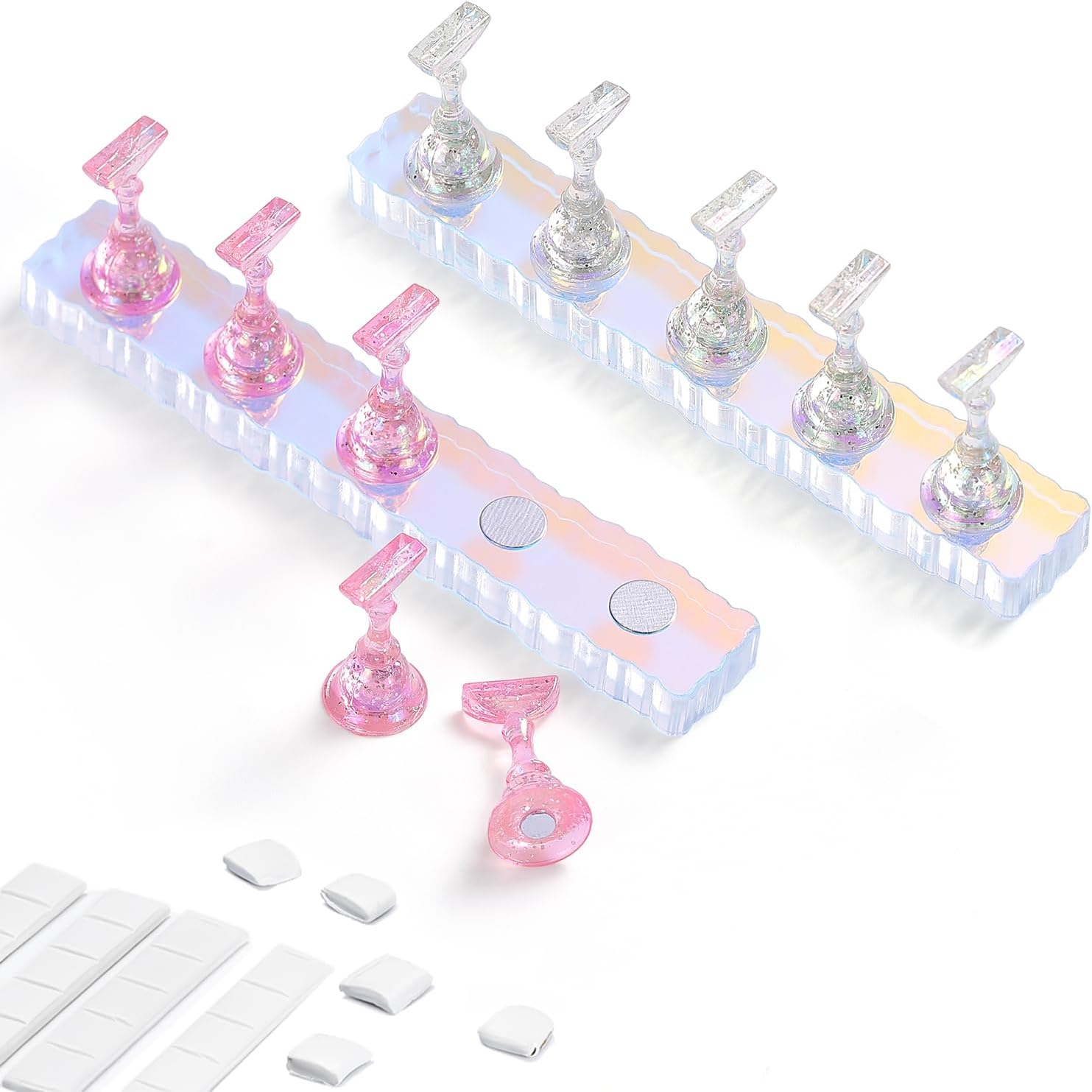 Etercycle Aurora Acrylic Magnetic Practice Nail Stand Set front view showcasing holographic pink bases.