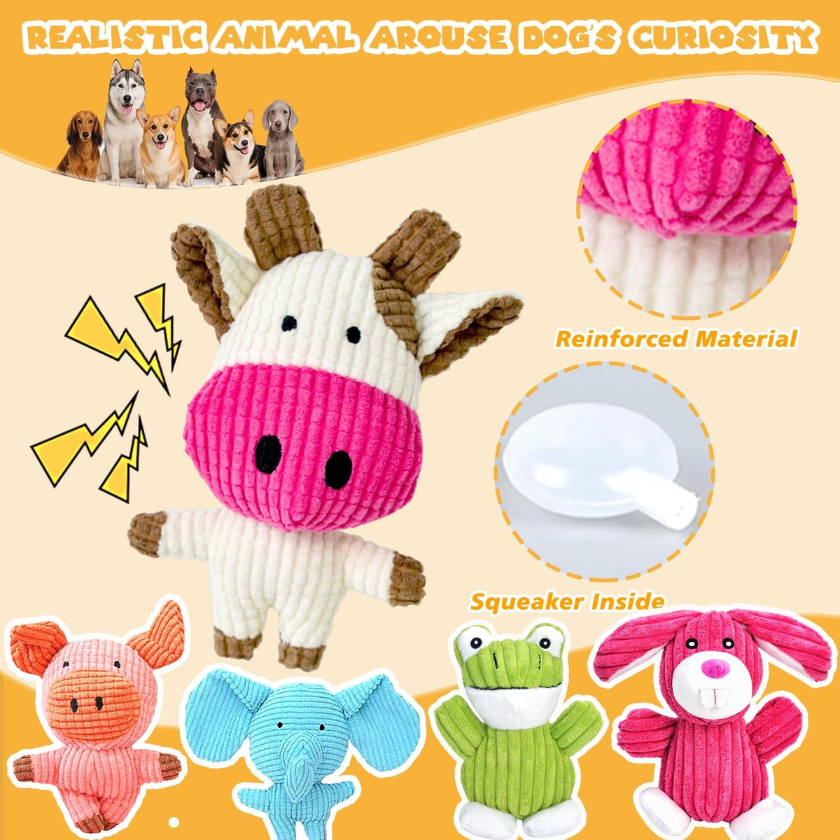 MRSOHRET tough stuffed pet toys featuring cow and pig designs close up