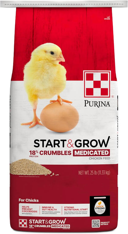 Purina Start and Grow Medicated Chick Feed front view of the twenty five pound bag
