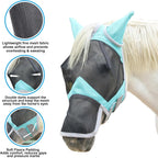 Side profile of Gallopoff turquoise fly mask showing long nose cover