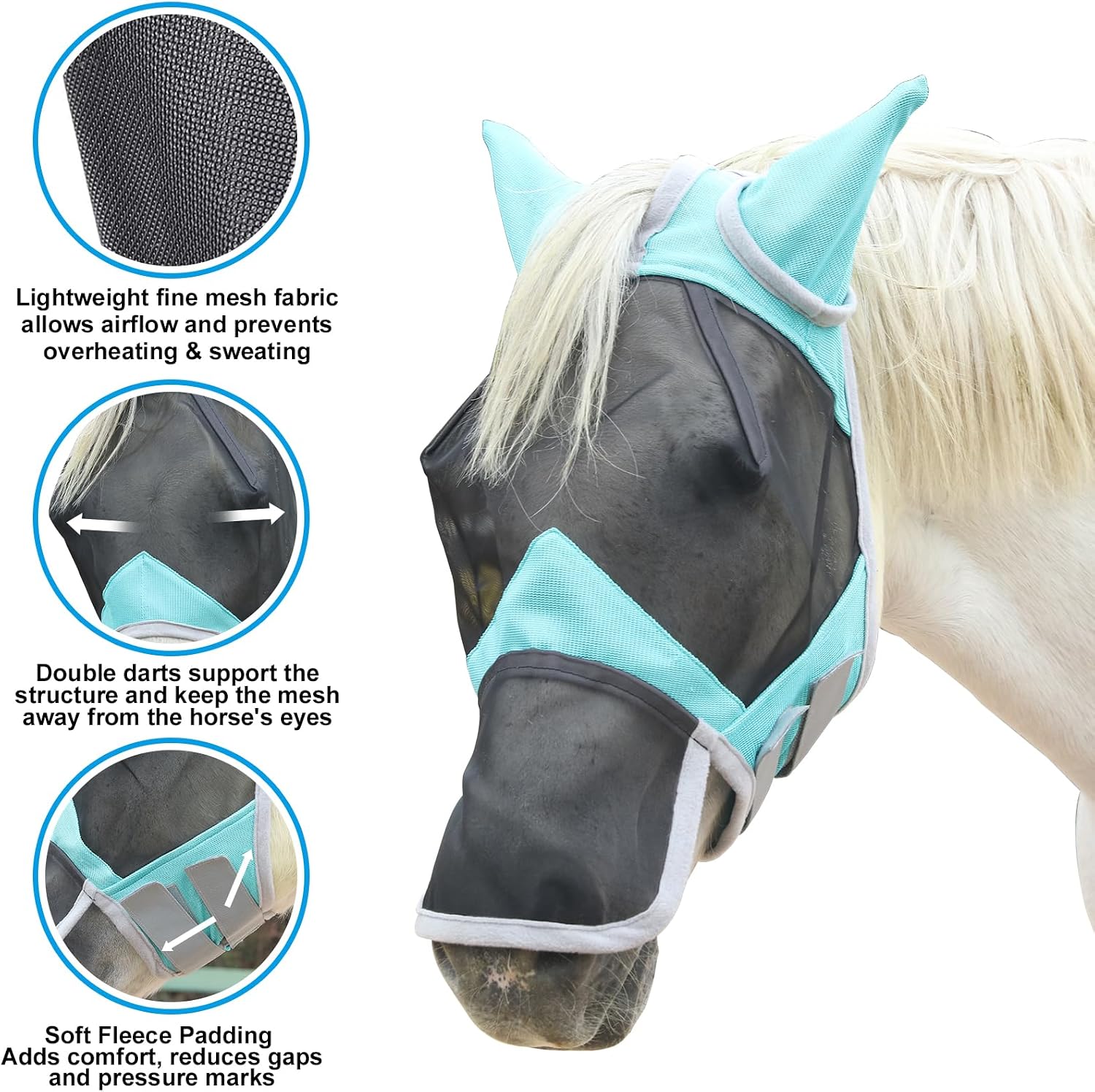 Side profile of Gallopoff turquoise fly mask showing long nose cover