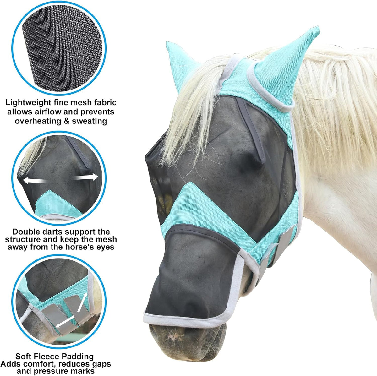 Side profile of Gallopoff turquoise fly mask showing long nose cover