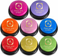 Paws and Smiles Dog Buttons for Communication front view of 8 colorful recordable buzzers arranged on a training mat