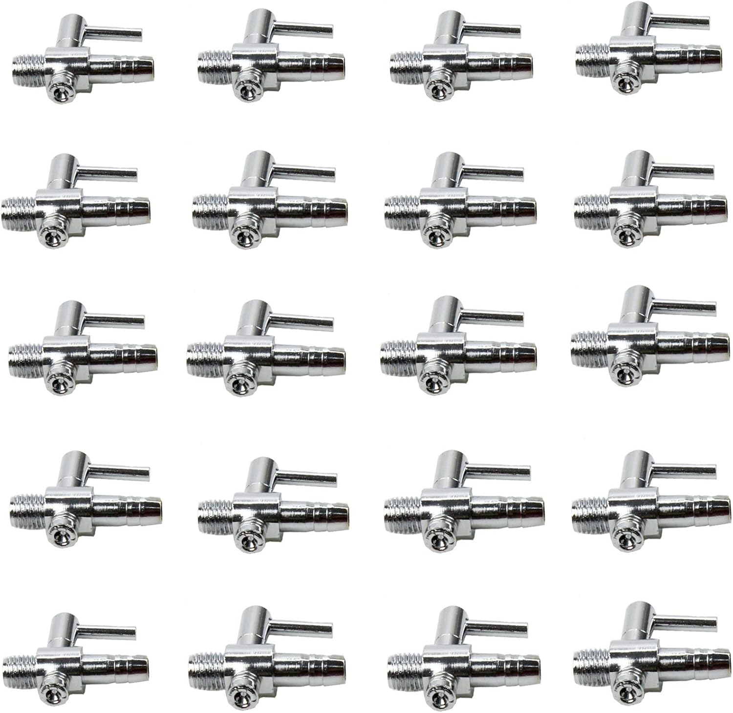 AQUANEAT hydroponics and aquaculture thread valves connecting to standard three sixteenth inch airline tubing.