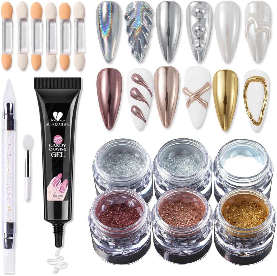 SUTOZMIWE Chrome Nail Powder and 3D Gel Kit set flat lay
