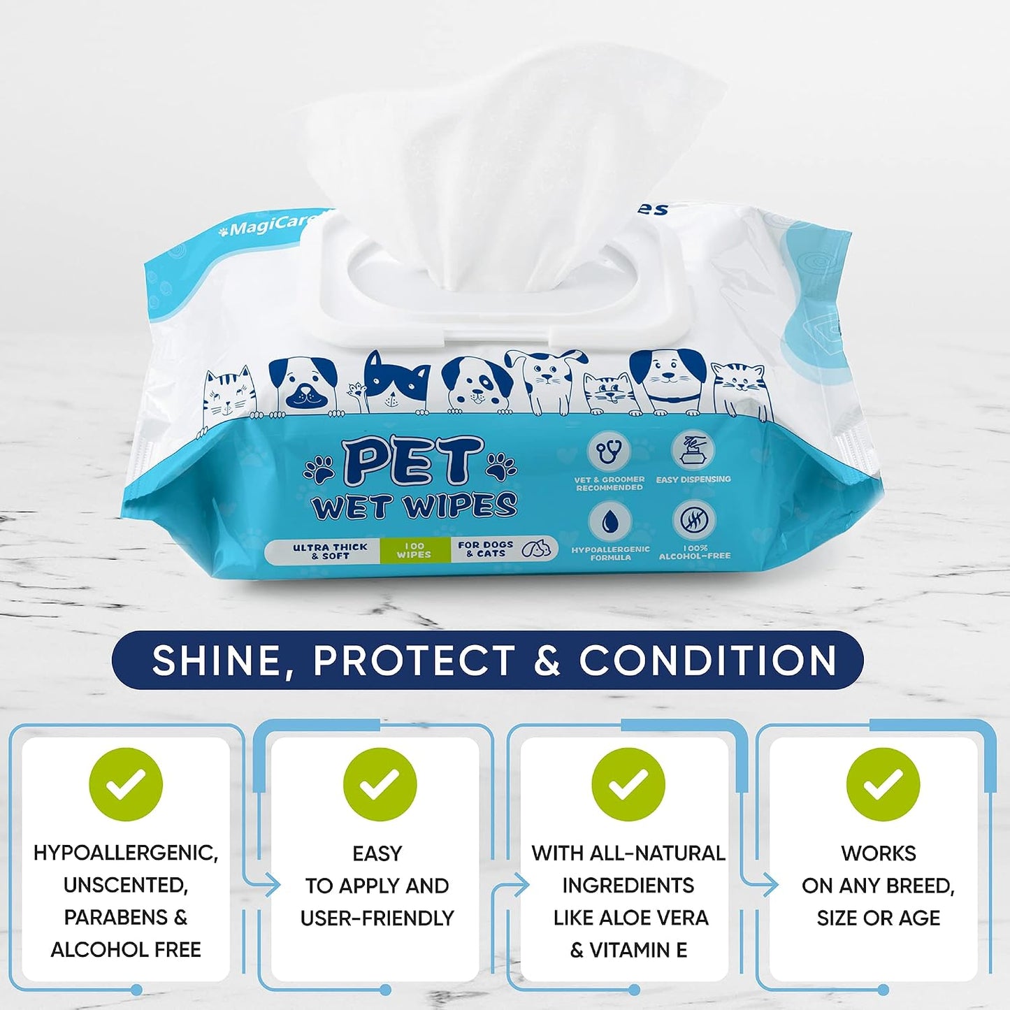 Magicare aloe vera and vitamin E pet wipes for sensitive skin.