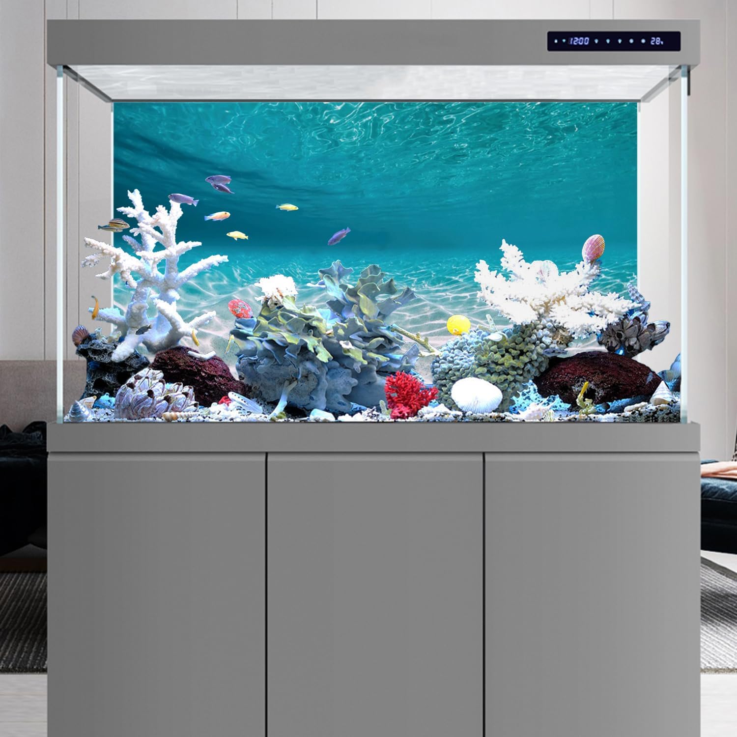 AWERT fish tank backdrop featuring clear blue water and rippling sunlight on sand