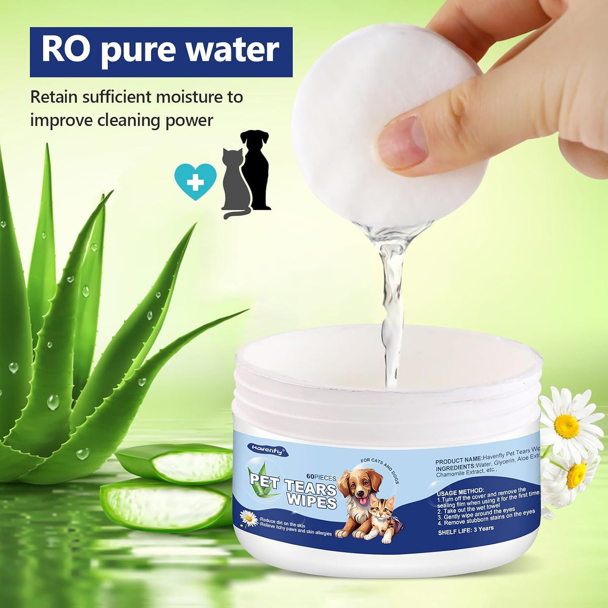 Authentic USA imported Havenfly pet grooming wipes container layout.