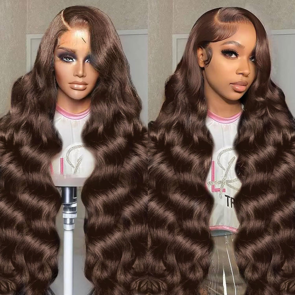 SFTNMEH 30 inch chocolate brown lace front human hair wig front view showcasing long voluminous body waves
