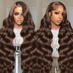 SFTNMEH 30 inch chocolate brown lace front human hair wig front view showcasing long voluminous body waves