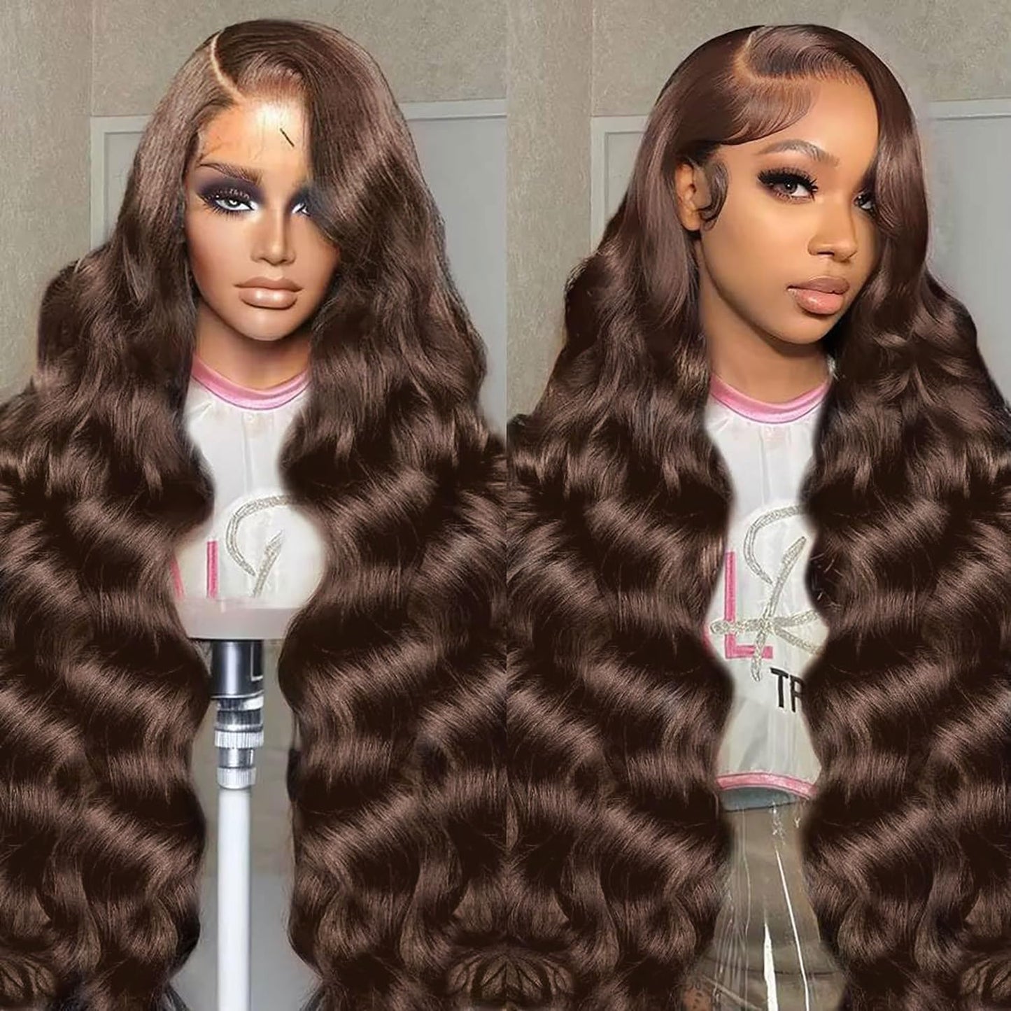 SFTNMEH 30 inch chocolate brown lace front human hair wig front view showcasing long voluminous body waves