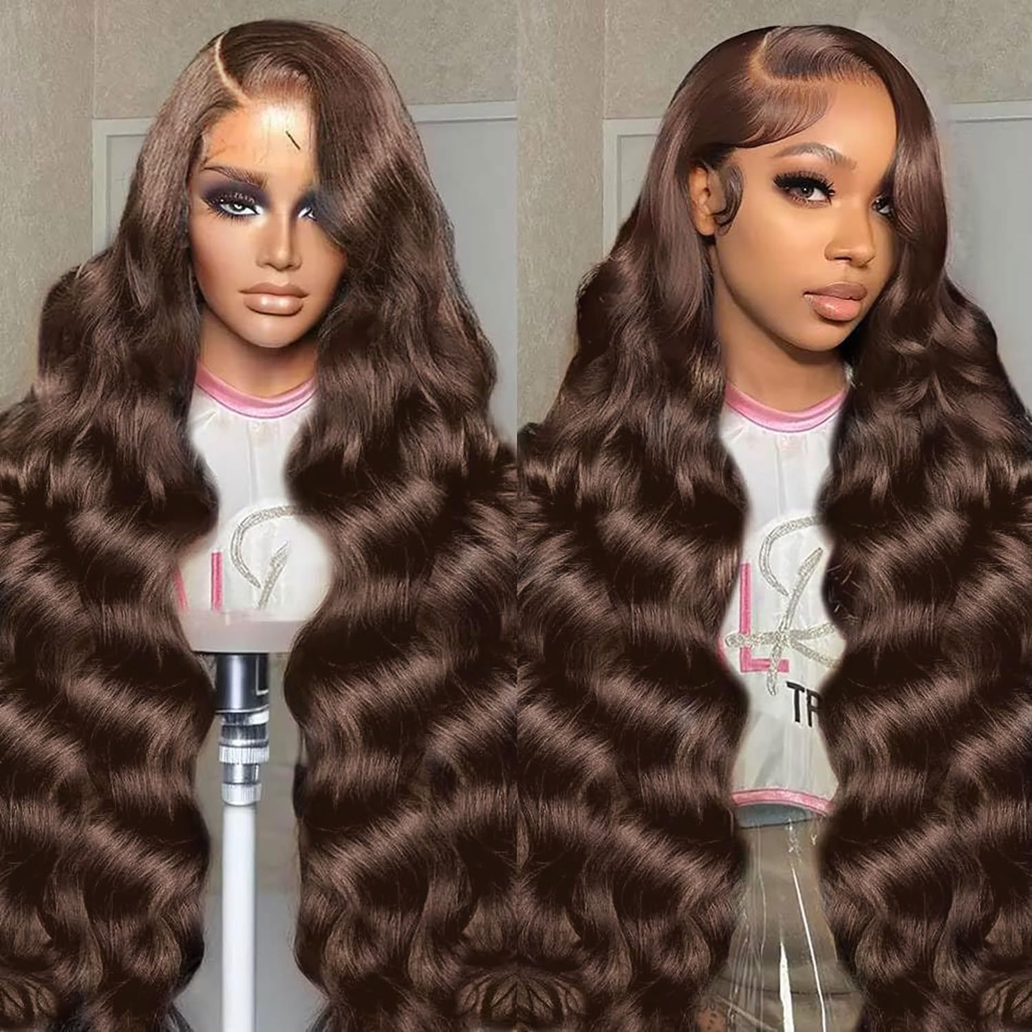 SFTNMEH 30 inch chocolate brown lace front human hair wig front view showcasing long voluminous body waves