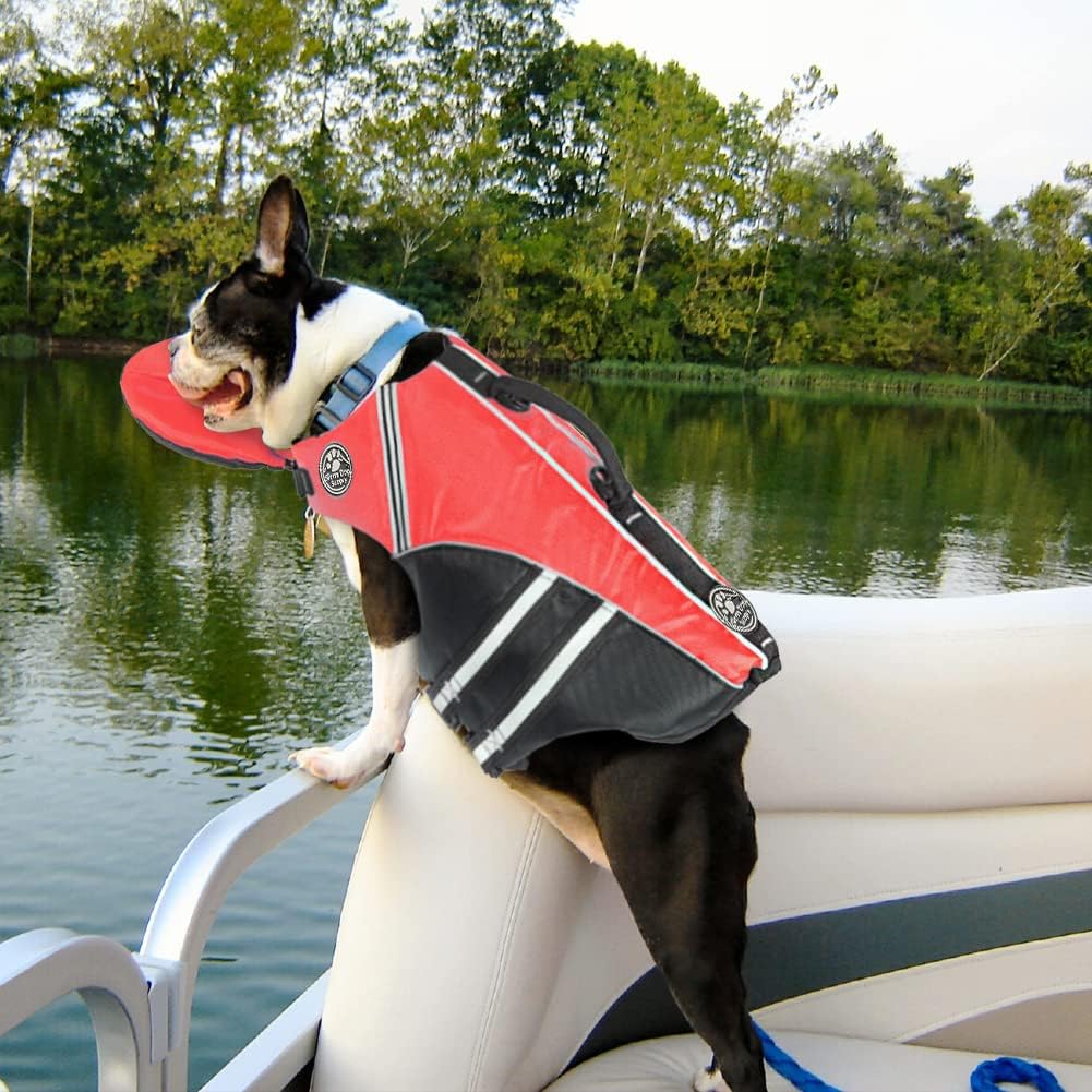 Mklhgty dog life preserver ripstop fabric close up showing reflective safety stripes.
