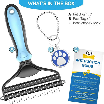 Goodscious dual-sided pet deshedding brush demonstrating the dematting teeth side.