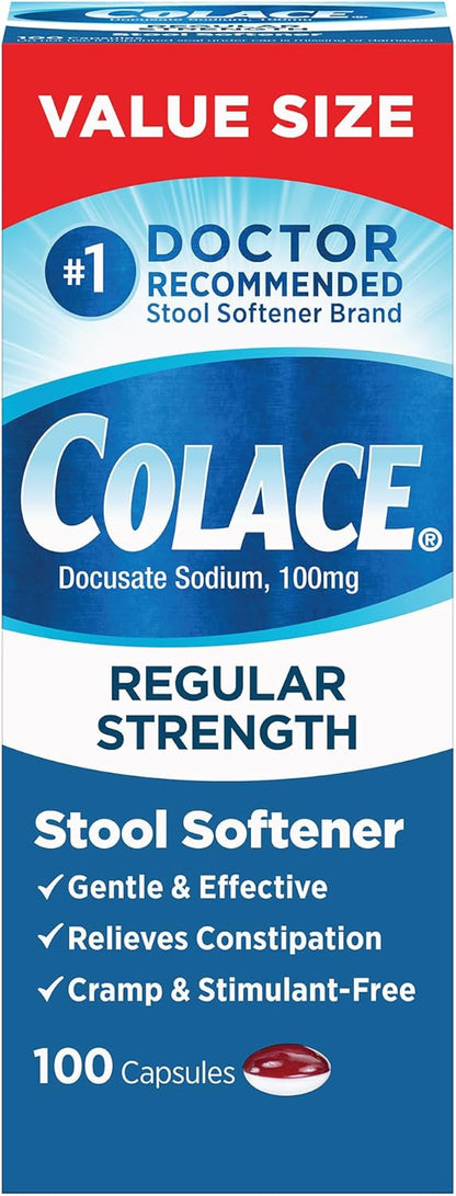 Colace Stool Softener 100 mg, 60 Capsules, Constipation Relief, Docusate Sodium, Gentle Docusate, Stimulant-Free, Regular Strength, #1 Doctor Recommended Stool Softener Brand - Image 13