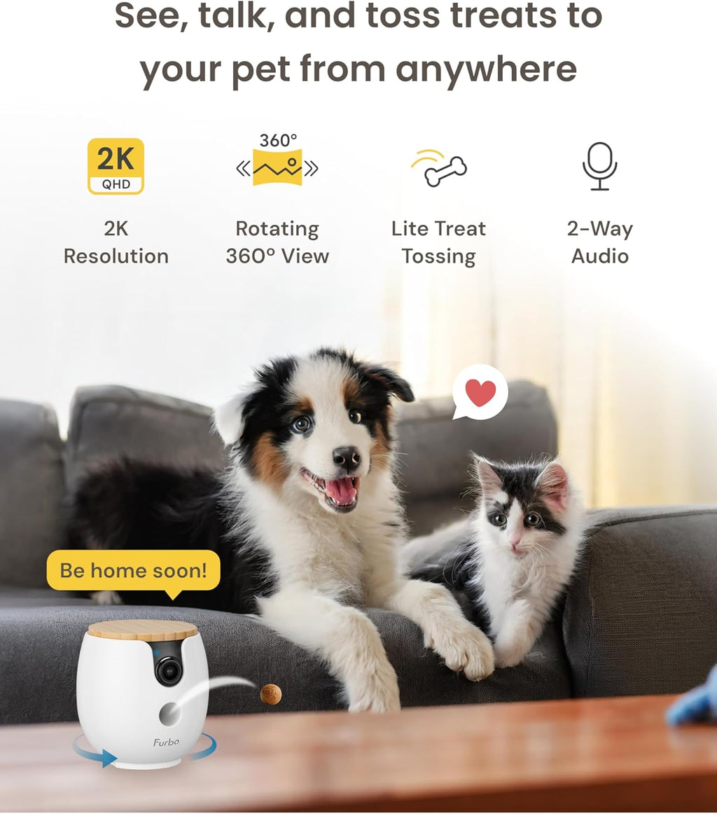 Furbo Mini 360 pet camera displaying rotating treat dispensing feature