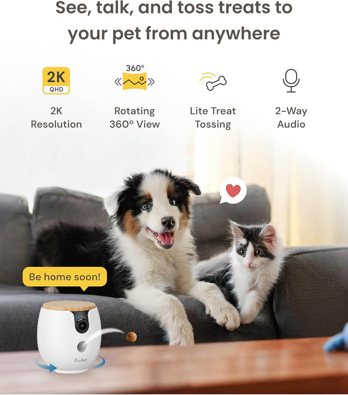Furbo Mini 360 pet camera displaying rotating treat dispensing feature