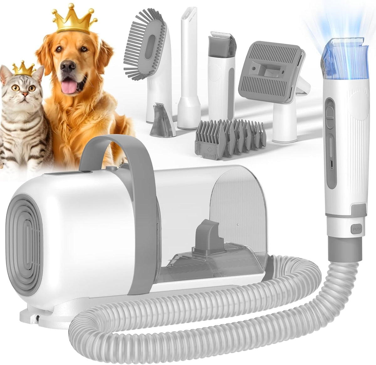 ZOVII dog grooming kit and hair vacuum cleaner front view showcasing the white main unit and accessories