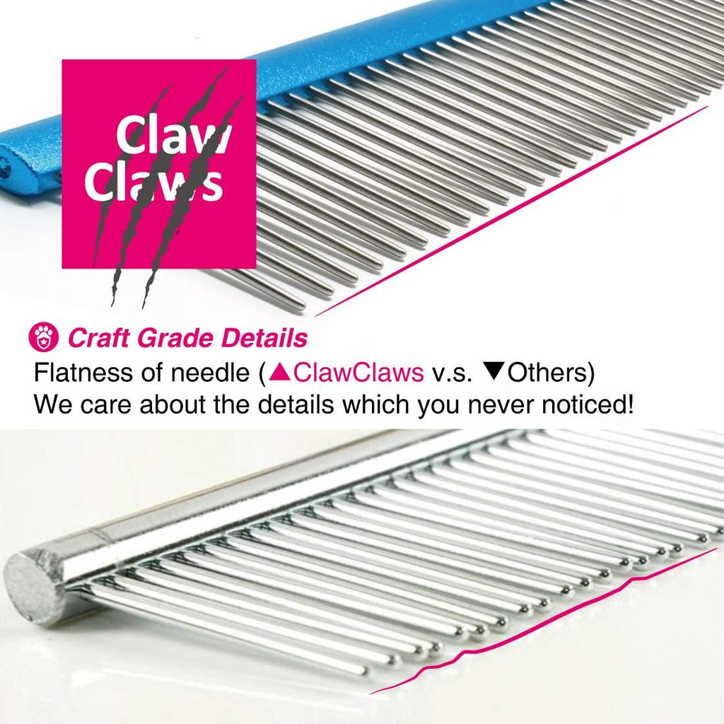 Claw Claws metal pet comb showing non-corrosive anodized aluminum handle finish