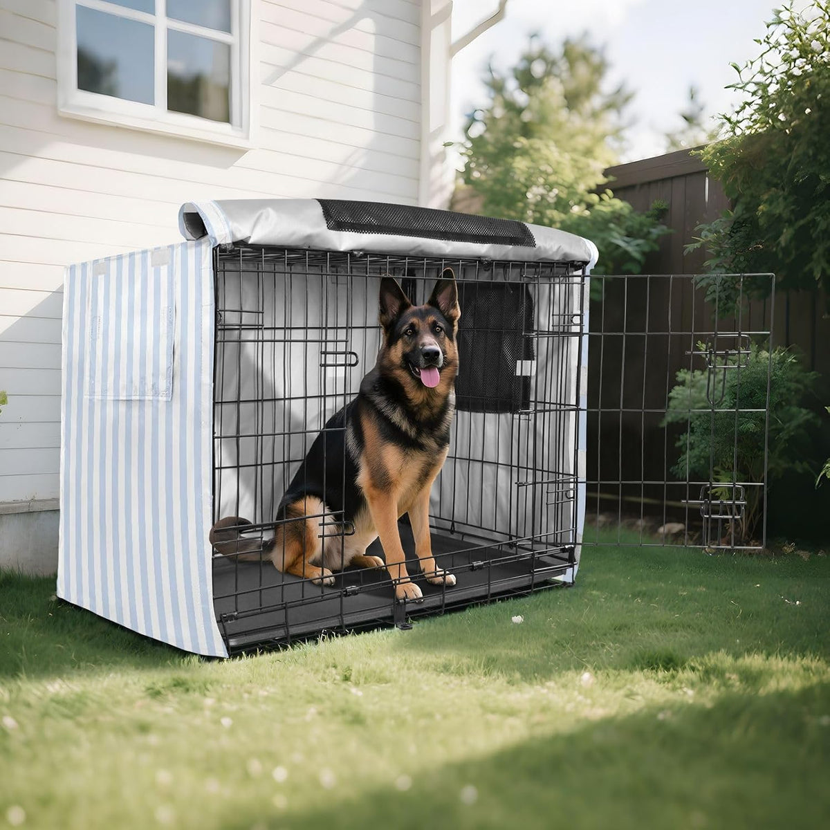 Dual entry door feature on ZRWLUCKY striped pet crate cover