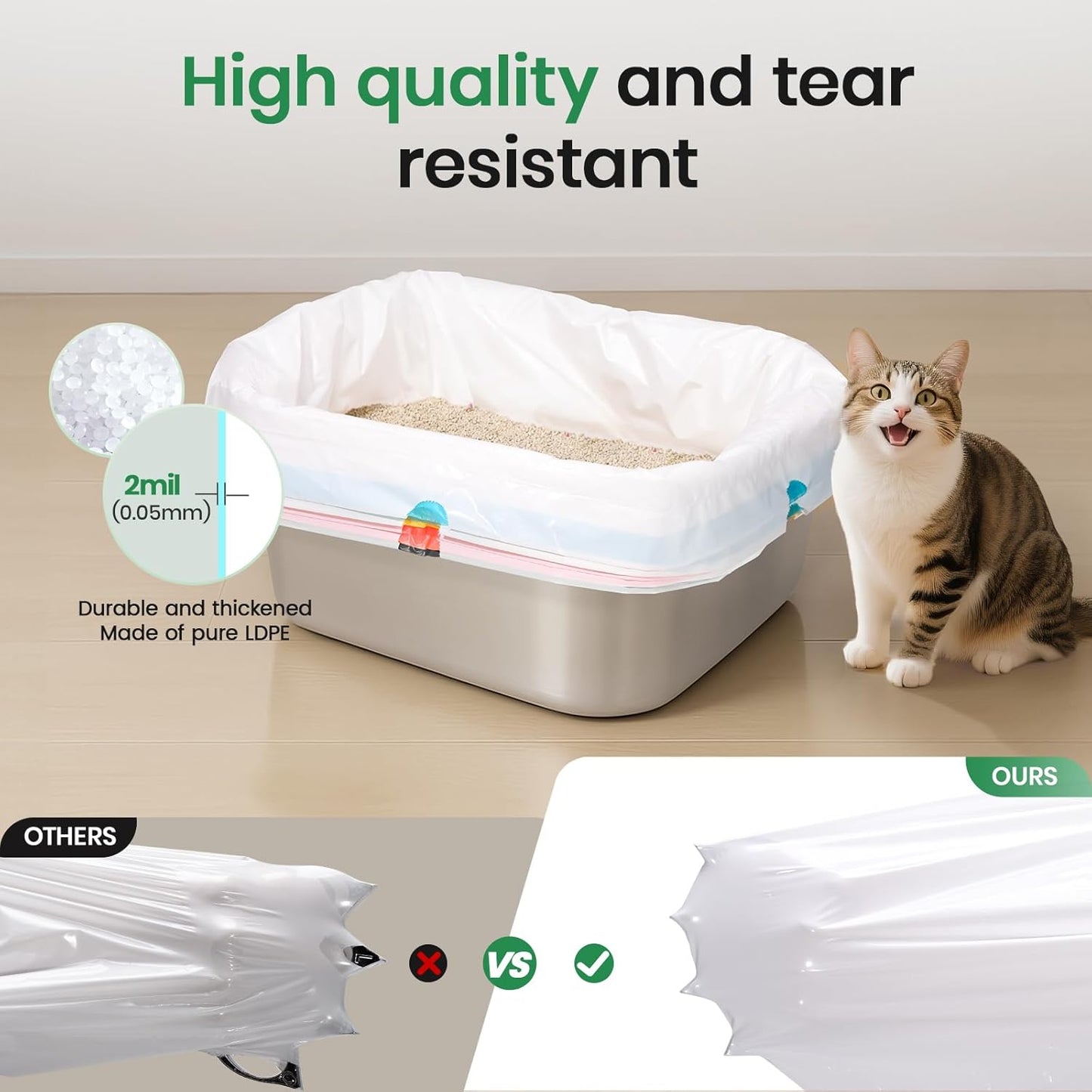 Durable puncture resistant cat litter bag showing scratch resistant material against cat claws.