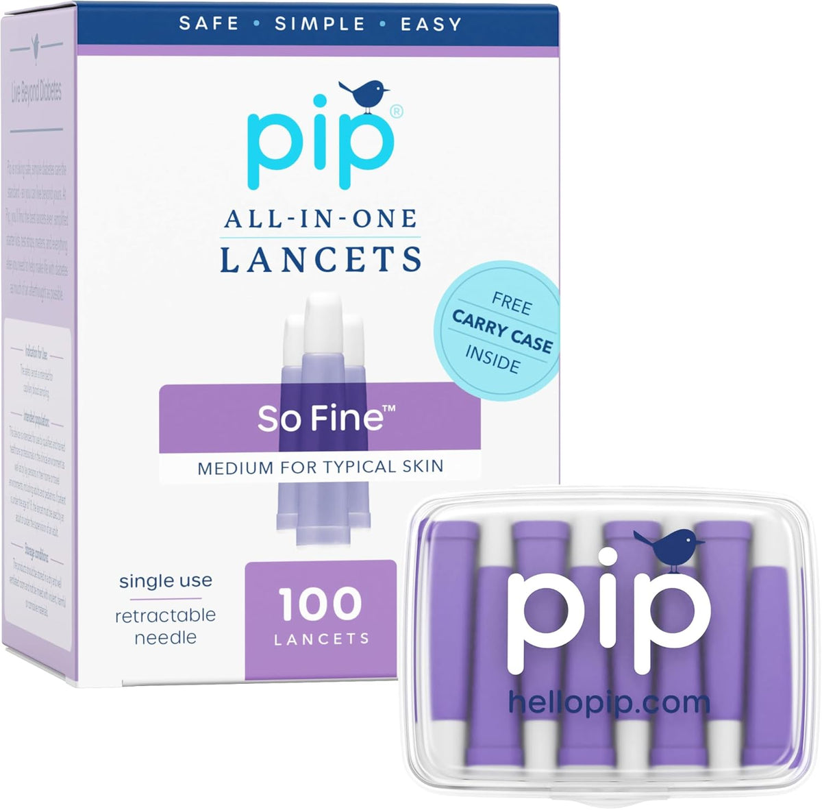 Pip All In One Safety Lancets 100 count front box view for diabetic testing