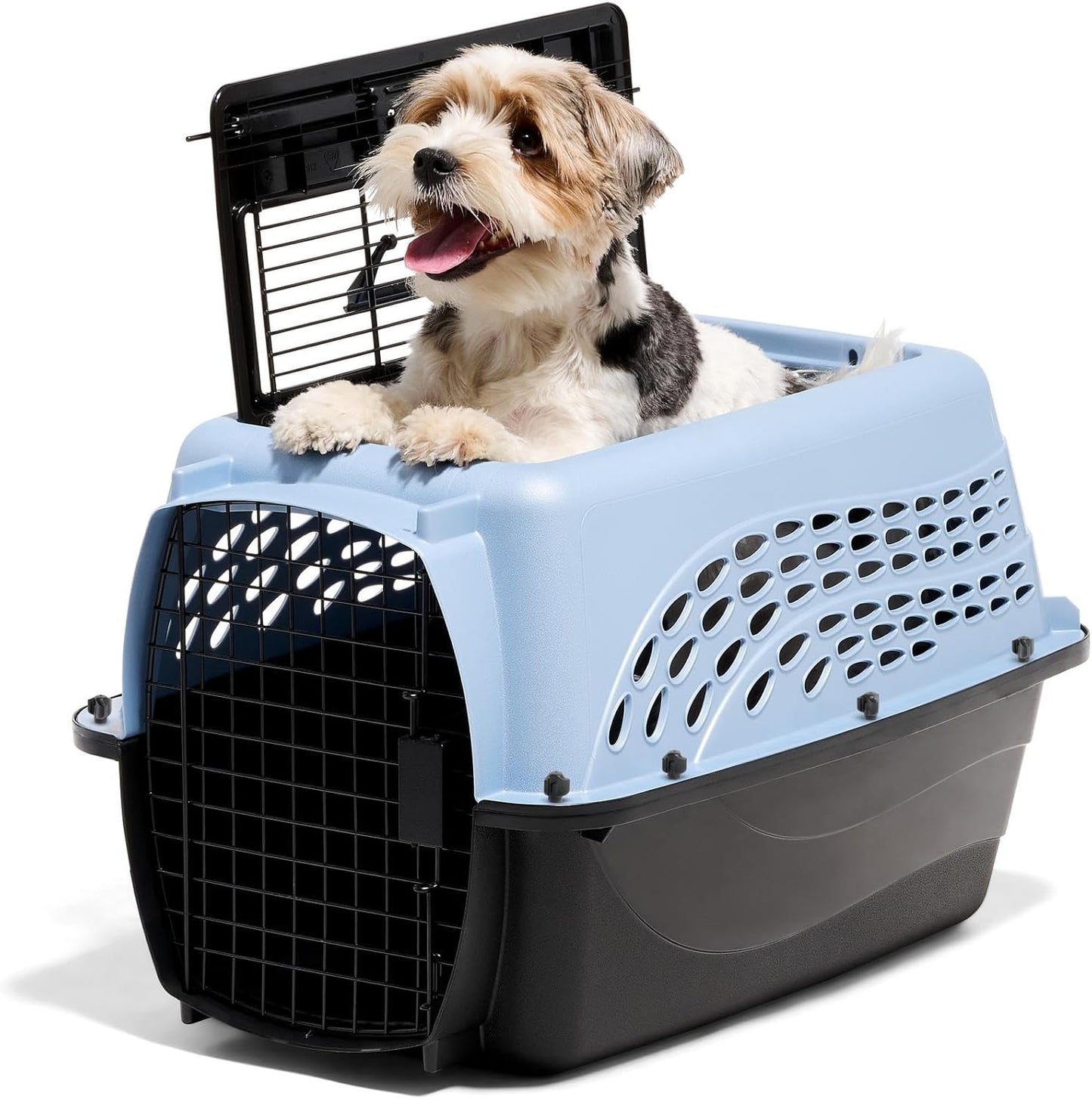 Petmate two door top load dog crate in blue showing front steel door view